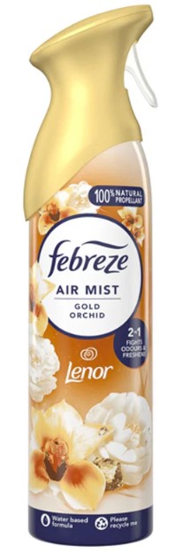 Febreze Gold Orchid air freshener, 185ml spray, eliminates odors and fills rooms and fabrics with a soft, floral fragrance.