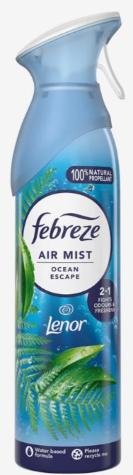 Febreze Lenor Ocean Escape air freshener, 185ml spray, eliminates odors and fills rooms and fabrics with a crisp, ocean-inspired scent.