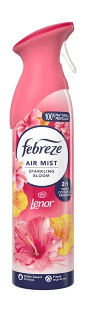Febreze Lenor Sparkling Bloom air freshener, 185ml spray, eliminates odors and fills rooms and fabrics with a bright floral scent.