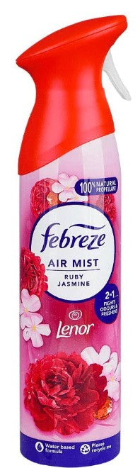 Febreze Ruby Jasmine air freshener, 185ml spray, eliminates odors and fills rooms and fabrics with a rich, floral jasmine scent.