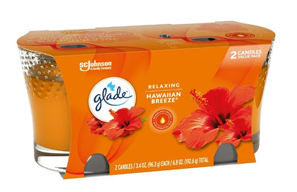 Glade Candle, Hawaiian Breeze Scent, 3.4 Oz, 2-Pack in glass jars for a fresh tropical fragrance and warm, inviting home ambiance.