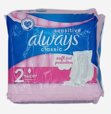 Always Classic Sensitive with Wings, Soft Feel Protection, 9 Count