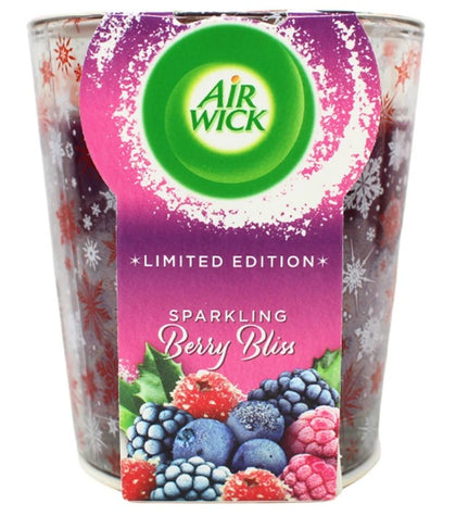 Air Wick Candle Sparkling Berry Bliss 105g with sweet, fruity berry fragrance in a decorative glass container.