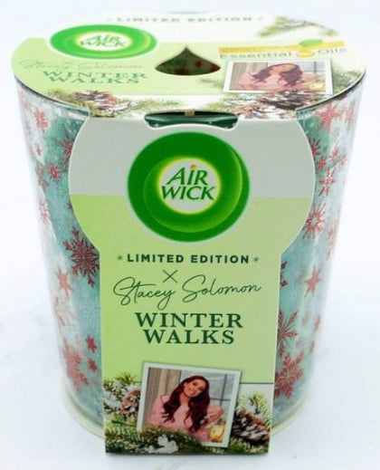 Air Wick Candle Winter Walks Pine 105g with fresh pine fragrance in a decorative glass container for a cozy, inviting atmosphere