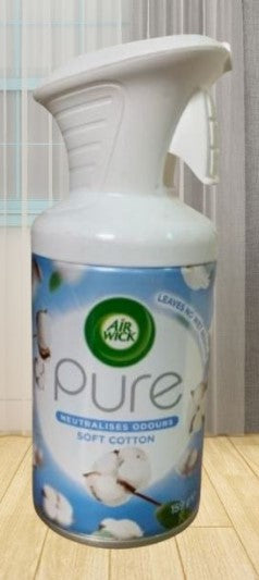Air Wick Air Freshener Spray Soft Cotton 250ml (8.45oz) with clean, fresh laundry scent that eliminates odors and refreshes any room.