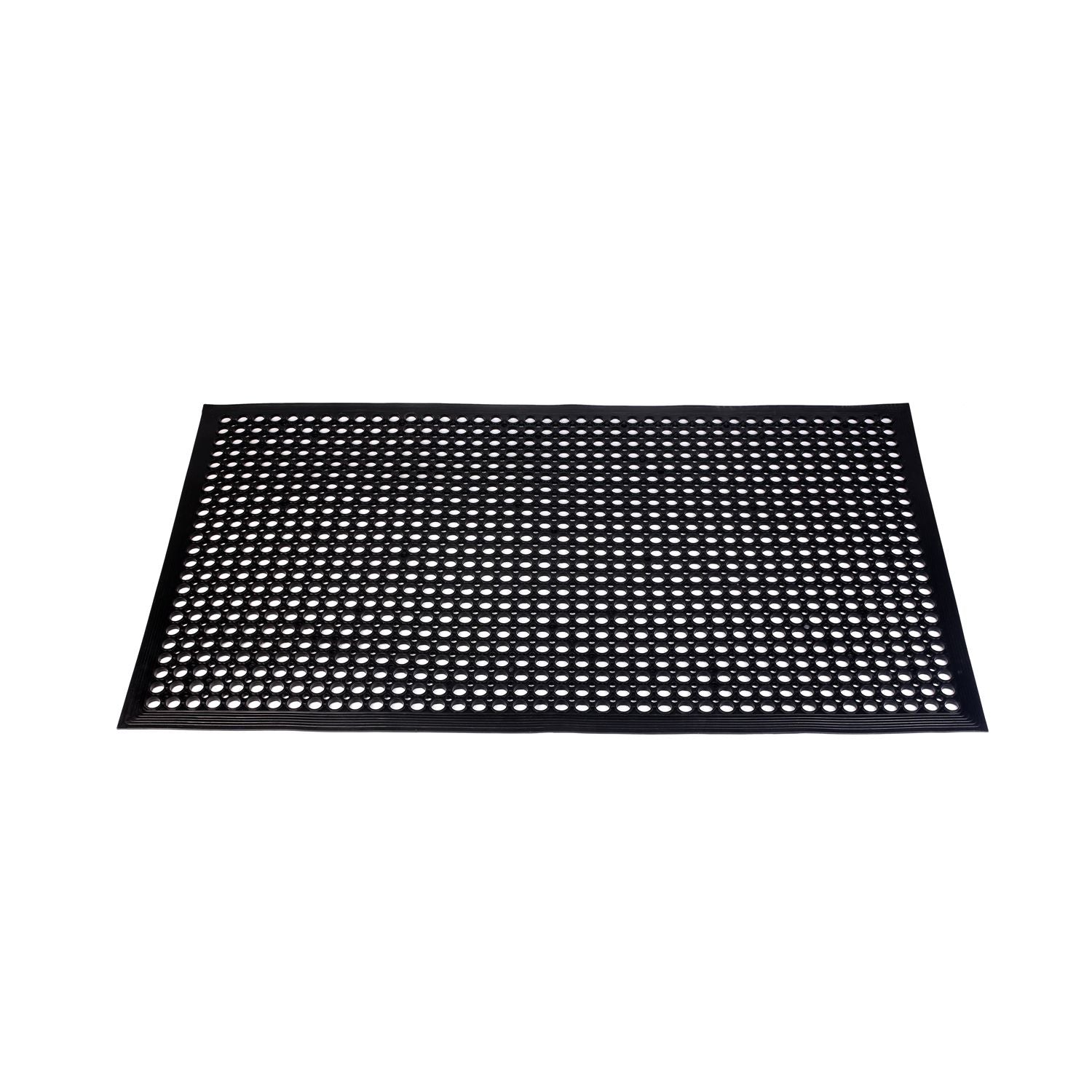 Floor Mat Rubber Beveled Edge Black 5x3' with non-slip surface and anti-fatigue design. Durable mat for kitchens, industrial zones, and workstations. Packed 1 each per case for safety and comfort.