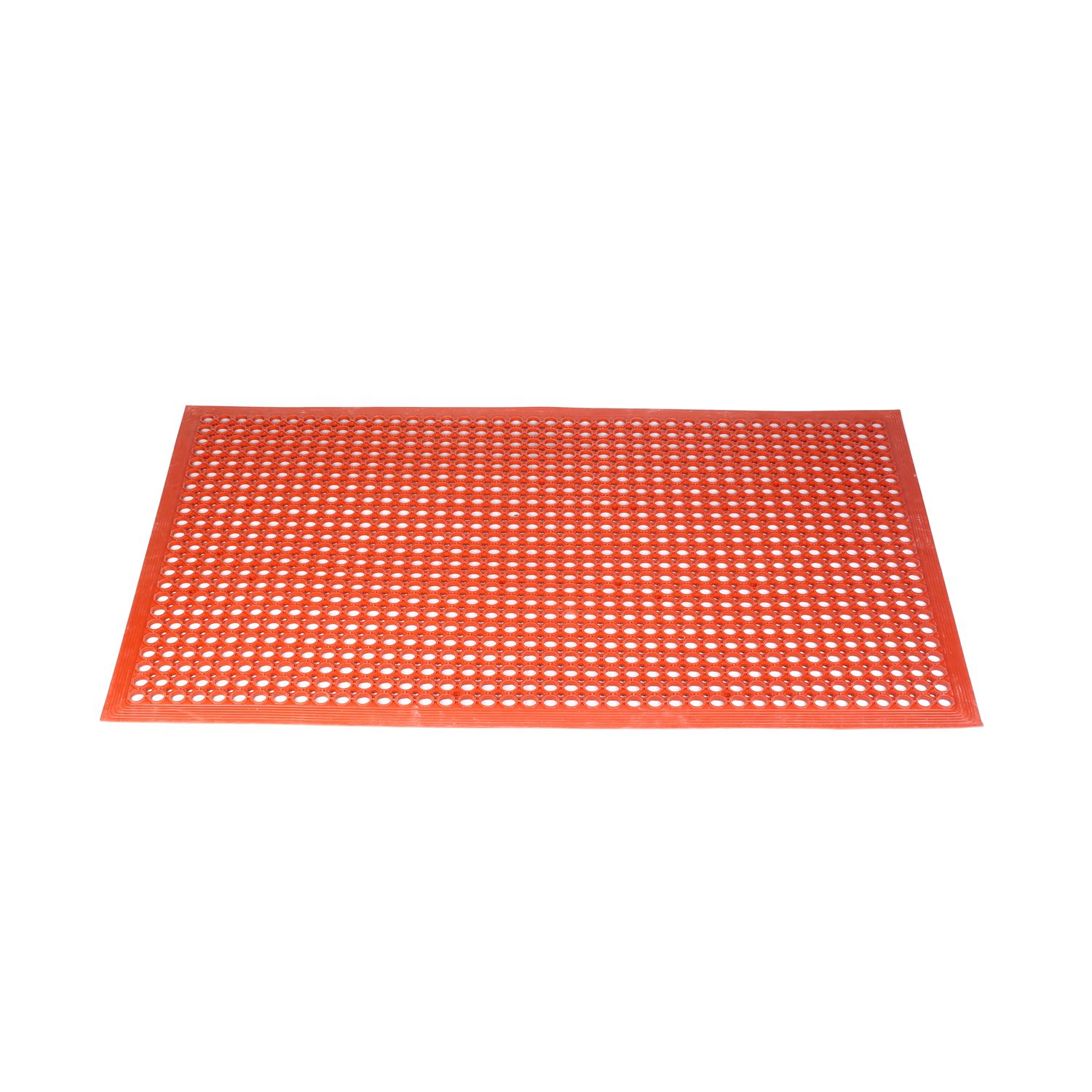 Floor Mat Rubber Beveled Edge Red 5x3' with anti-fatigue support, non-slip surface, and high-visibility red color. Durable for kitchens or work zones. Packed 1 each per case for safety and comfort.