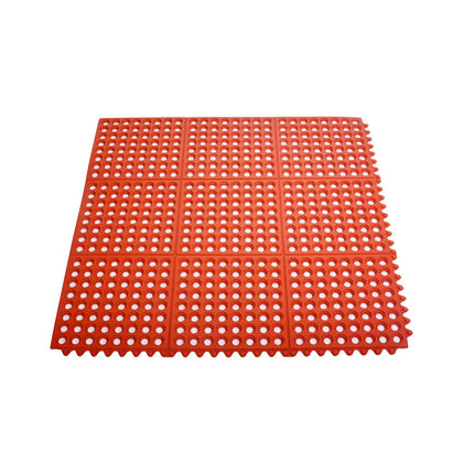 Floor Mat Rubber Interlocking Red 3x3' with non-slip surface, anti-fatigue support, and bright color for visibility. Durable and ideal for kitchens or industrial areas. Packed 1 each per case.