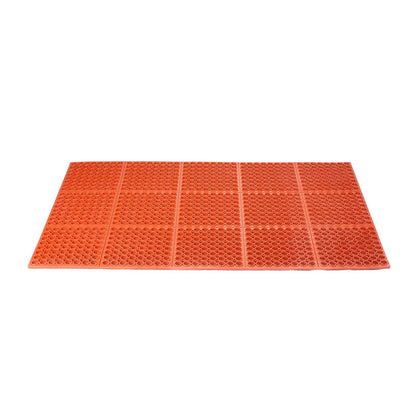 Floor Mat Rubber Straight Edge Red 5x3' with non-slip surface and anti-fatigue support. Durable design for kitchens or industrial areas. Packed 1 each per case for commercial safety and comfort.