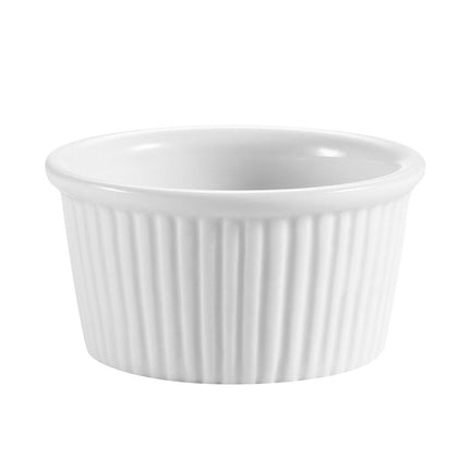 Fluted 1oz ramekin in porcelain with a classic white finish, microwave, oven, and dishwasher safe. Ideal for individual servings of dips, sauces, or desserts in both home and commercial settings.
