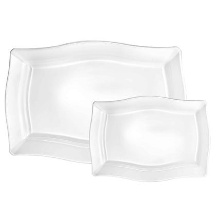 Fluted Tray Combo with 3 large trays and 3 small trays in pearl or clear finishes. Durable, BPA-free, disposable, or reusable for elegant event presentations.