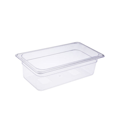Durable 1/3 size polycarbonate food pan 4 inch deep. Break-resistant, stain-resistant, easy to clean. Ideal for commercial kitchens, buffet service, and food prep. Packed by 24 each per case.