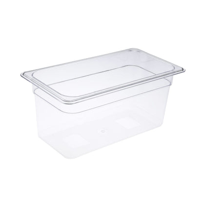 Durable 1/3 size polycarbonate food pan 6 inch deep. Break-resistant, stain-resistant, and easy to clean. Ideal for commercial kitchens, buffet service, and food prep. Packed by 24 each per case.