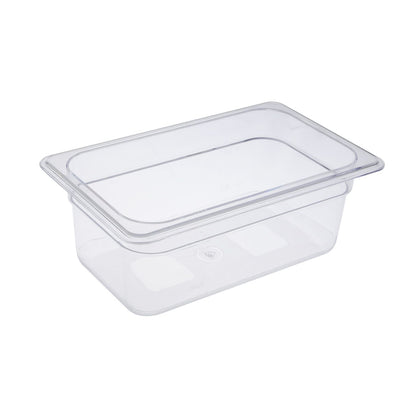 1/4 size 4-inch deep polycarbonate food pan, clear and break-resistant with a non-stick interior. Ideal for prep tables and kitchen storage. Packed by 36 each per case. Commercial quality.