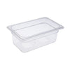 1/4 size 4-inch deep polycarbonate food pan, clear and break-resistant with a non-stick interior. Ideal for prep tables and kitchen storage. Packed by 36 each per case. Commercial quality.