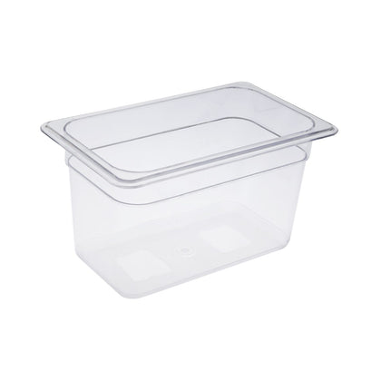 1/4 size 6-inch deep polycarbonate food pan with clear, break-resistant design. Great for kitchen prep and storage. Non-stick interior. Commercial-grade. Packed by 24 each per case.