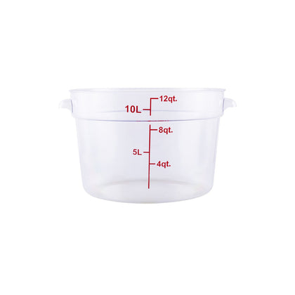 Food Storage Container Round Polycarbonate Clear 12QT, durable, shatter-resistant, easy to clean, clear for content ID, ideal for liquids and ingredients. (Packed By: 12 Each Per Pack) for kitchens.
