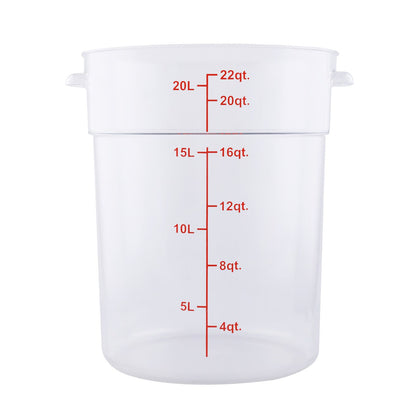 Food Storage Container Round Polycarbonate Clear 22QT, durable, shatter-resistant, easy to clean, clear for quick content ID. (Packed By: 6 Each Per Pack) ideal for commercial food prep.