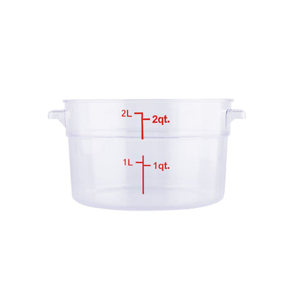 Food Storage Container Round Polycarbonate Clear 2QT, durable, shatter-resistant, easy to clean, clear for quick ID, great for sauces and prep. (Packed By: 24 Each Per Pack) for kitchens.