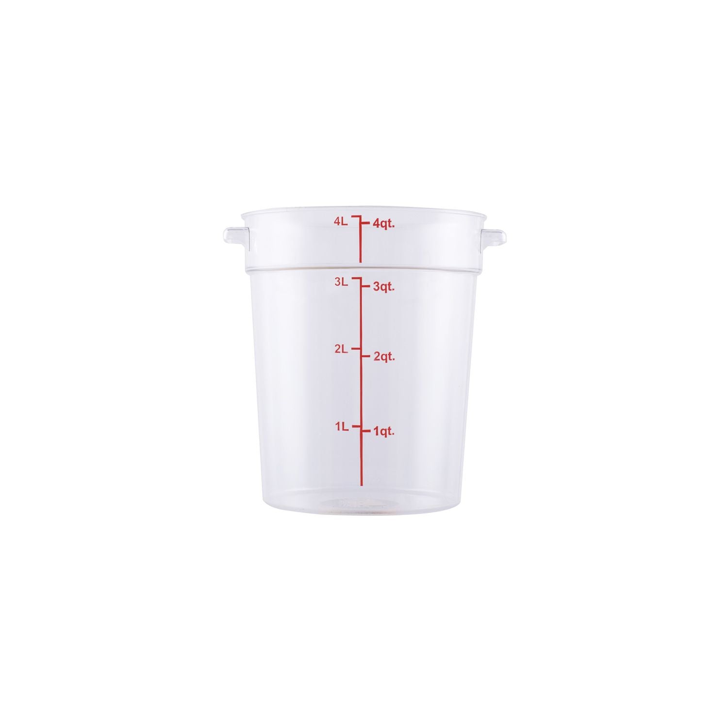 Food Storage Container Round Polycarbonate Clear 4QT, durable, shatter-resistant, easy to clean, round shape for pouring, clear for quick ID. (Packed By: 12 Each Per Pack) for kitchens.