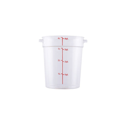 Food Storage Container Round Polycarbonate Clear 4QT, durable, shatter-resistant, easy to clean, round shape for pouring, clear for quick ID. (Packed By: 12 Each Per Pack) for kitchens.