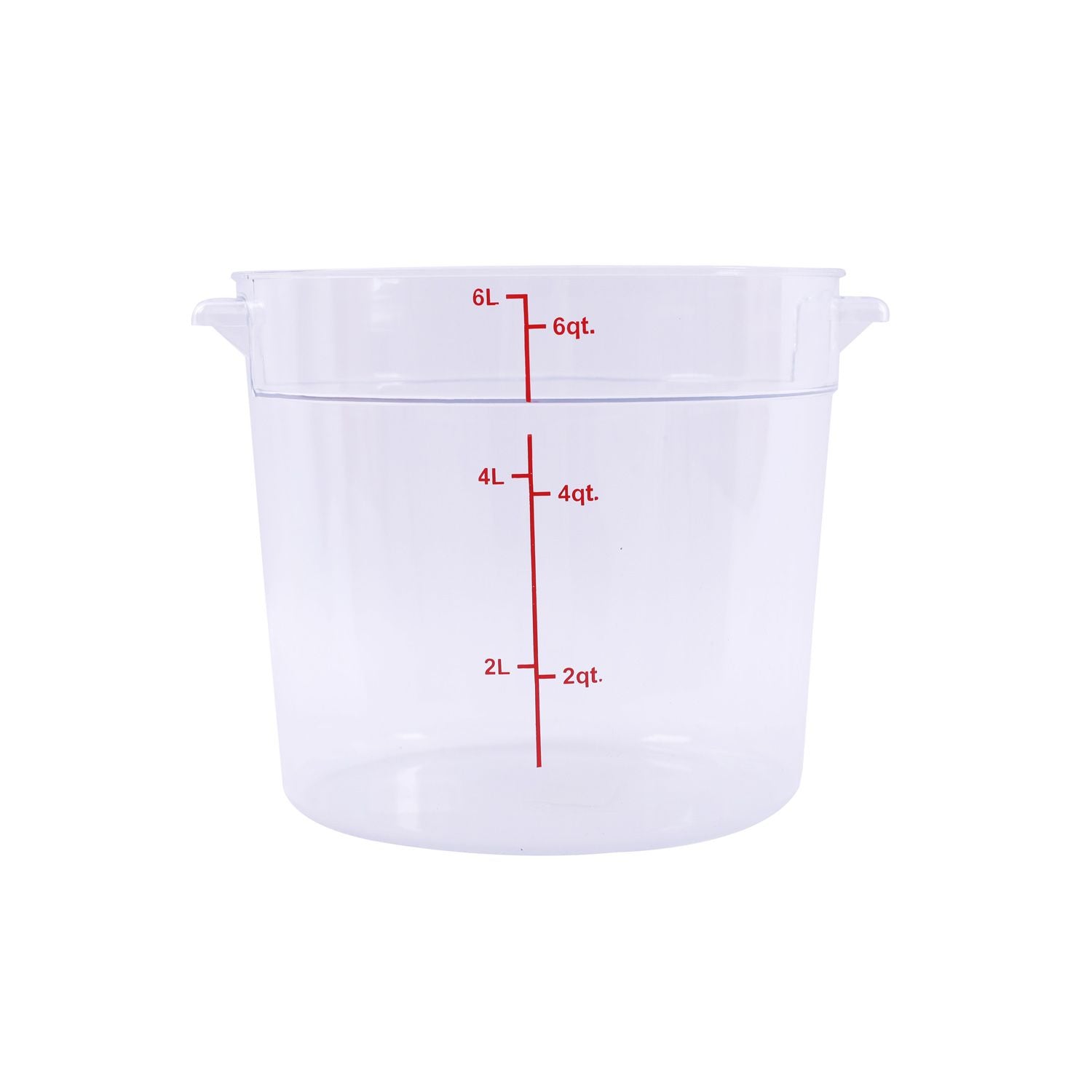 Food Storage Container Round Polycarbonate Clear 6QT, durable, shatter-resistant, easy to clean, round for easy pouring, clear for ID. (Packed By: 12 Each Per Pack) for kitchen storage.