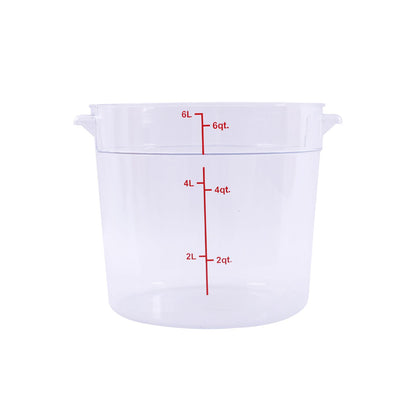 Food Storage Container Round Polycarbonate Clear 6QT, durable, shatter-resistant, easy to clean, round for easy pouring, clear for ID. (Packed By: 12 Each Per Pack) for kitchen storage.