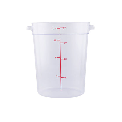 Food Storage Container Round Polycarbonate Clear 8QT, durable, shatter-resistant, easy to clean, round design for easy handling. (Packed By: 12 Each Per Pack) for commercial kitchens.