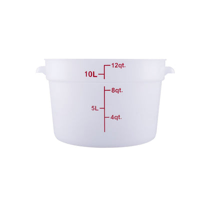 Round food storage container 12QT, translucent polypropylene – durable, lightweight, stain-resistant, stackable with easy-to-read markings. (Packed By: 12 Each Per Pack) for kitchen use.