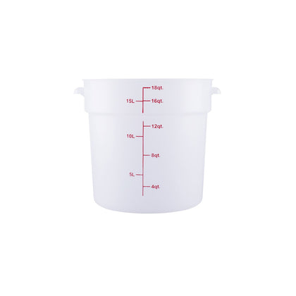 18QT translucent round food storage container made from polypropylene – durable, stain-resistant, stackable with clear markings. (Packed By: 6 Each Per Pack) for commercial kitchen use.