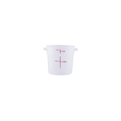 1QT translucent round food storage container made of polypropylene – durable, stain-resistant, stackable, and clearly marked. (Packed By: 48 Each Per Pack) for kitchen and prep storage.