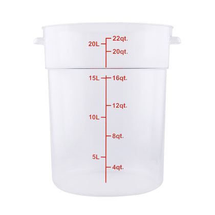 22QT translucent round food storage container made of polypropylene – durable, stain-resistant, stackable, and clearly marked. (Packed By: 6 Each Per Pack) for commercial food storage.