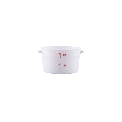 2QT translucent round food storage container made from polypropylene – durable, stain-resistant, stackable with visible measurements. (Packed By: 24 Each Per Pack) for kitchen use.