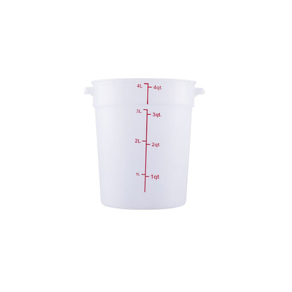 4QT round food storage container, translucent polypropylene – durable, stackable, stain-resistant with clear markings. (Packed By: 12 Each Per Pack) for commercial food storage use.