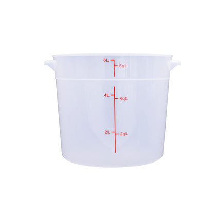 6QT round food storage container made from translucent polypropylene – durable, stackable, stain-resistant with clear markings. (Packed By: 12 Each Per Pack) for kitchen or foodservice storage.
