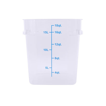 Food Storage Container Square Polycarbonate Clear 18QT, durable, shatter-resistant, stackable, easy to clean, clear for quick content ID. (Packed By: 12 Each Per Pack) for commercial kitchens.