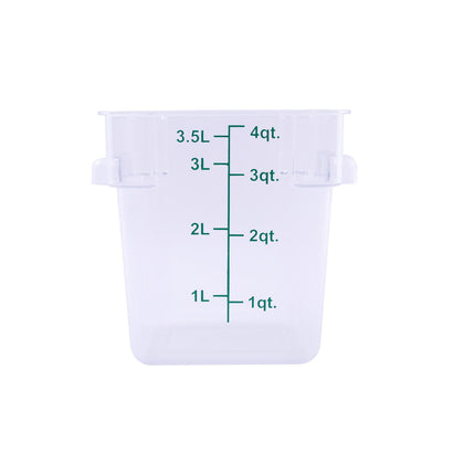 Food Storage Container Square Polycarbonate Clear 4QT, durable, shatter-resistant, stackable, easy to clean, clear for quick content ID. (Packed By: 48 Each Per Pack) for kitchens.
