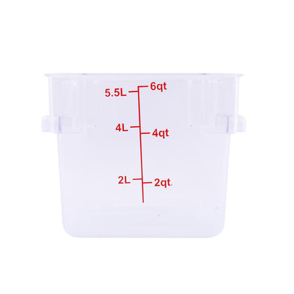 Food Storage Container Square Polycarbonate Clear 6QT, durable, shatter-resistant, stackable, easy to clean, clear for quick content ID. (Packed By: 24 Each Per Pack) for commercial kitchens.