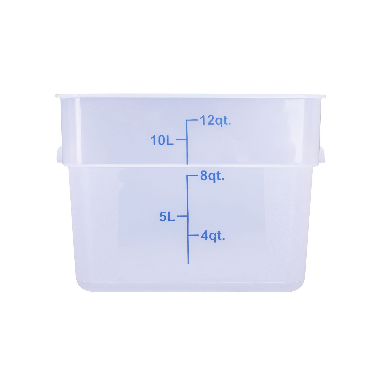 12QT square food storage container made from translucent polypropylene – durable, stackable, stain-resistant with clear measurement markings. (Packed By: 12 Each Per Pack) for kitchen storage.