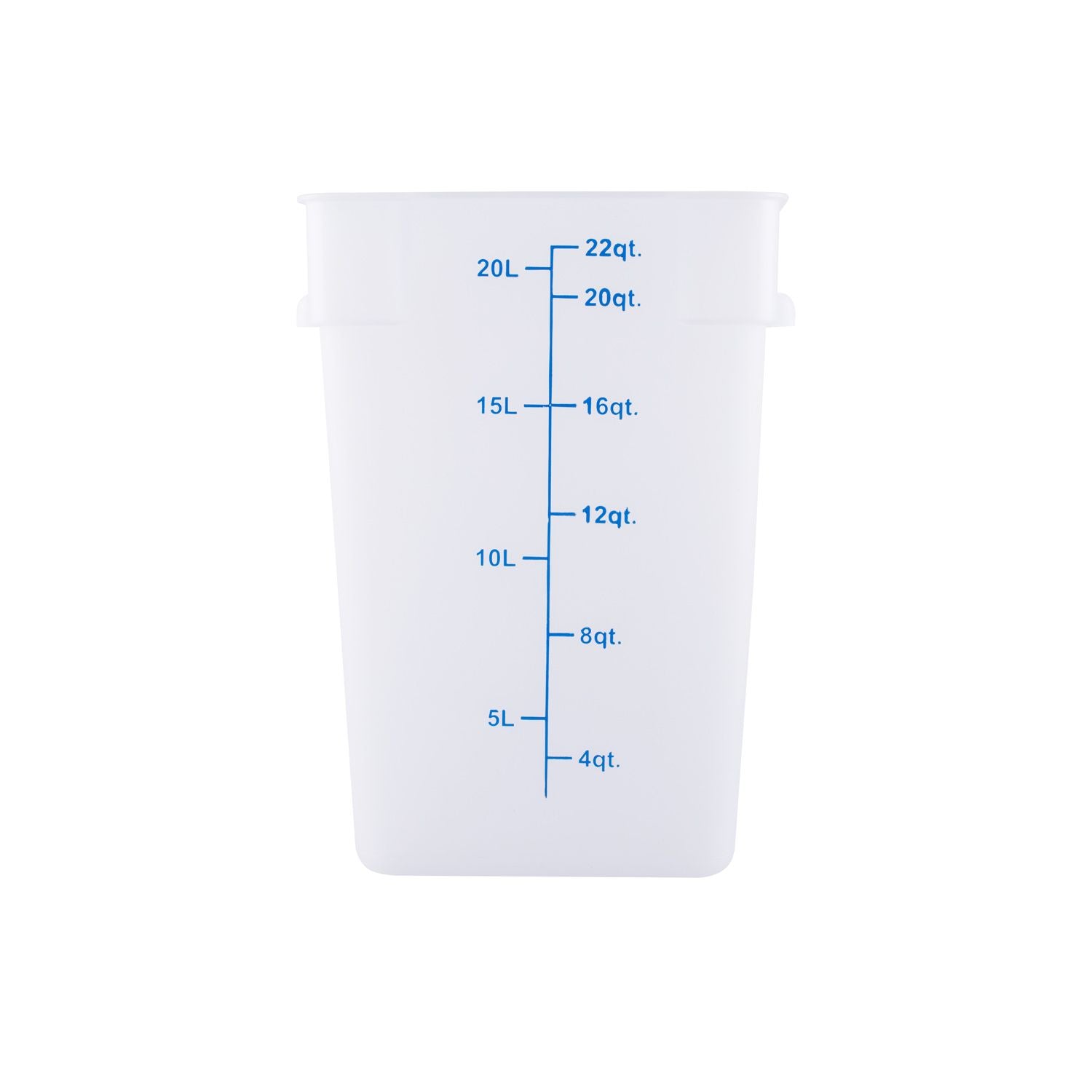 22QT square food storage container made of translucent polypropylene – durable, stackable, stain-resistant with clear measurement markings. (Packed By: 6 Each Per Pack) for commercial kitchens.