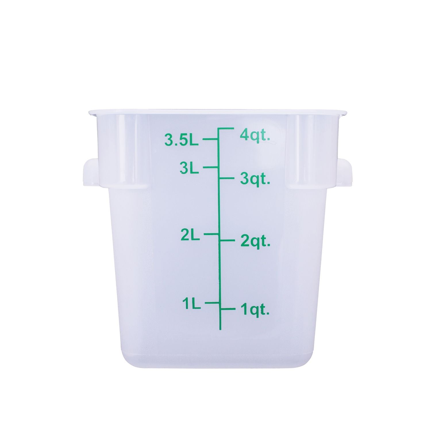 4QT square food storage container made of translucent polypropylene – durable, stackable, stain-resistant with clear measurement markings. (Packed By: 48 Each Per Pack) for kitchen use.