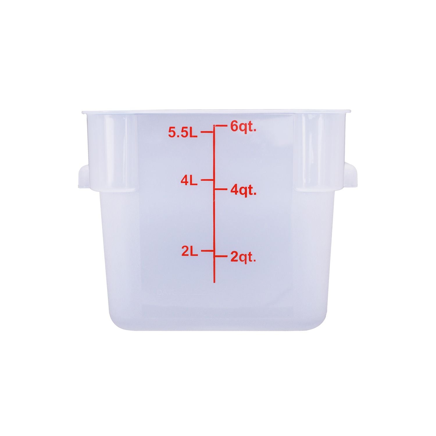 6QT square food storage container made from translucent polypropylene – durable, stackable, stain-resistant with measurement marks. (Packed By: 24 Each Per Pack) for organized food storage.
