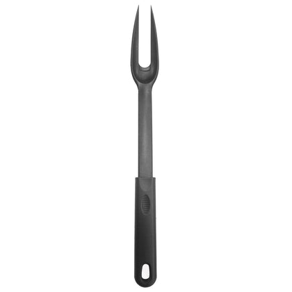Black nylon 2-prong fork with heat-resistant design, safe for nonstick surfaces, lightweight and dishwasher safe; ideal for food service; packed 144 each per case for commercial kitchen use.