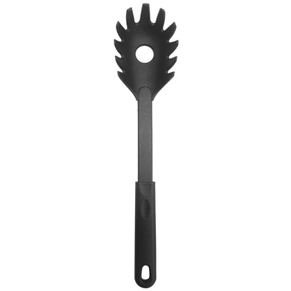 Black nylon pasta fork with wide curved tines, heat-resistant, safe for nonstick cookware, lightweight and dishwasher safe; ideal for restaurants and catering; packed 144 each per case.