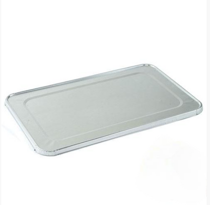 Full-size durable aluminum pan lids, heat-resistant for secure food coverage, maintaining temperature and freshness during transport, storage, or serving.