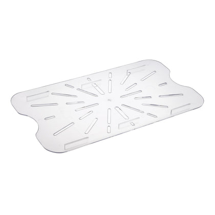 Full-size polycarbonate drain shelf for food pans, durable and easy to clean, ideal for commercial kitchens, catering, and buffets, supports food pans and allows efficient drainage to maintain freshness.