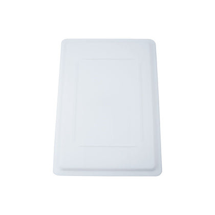 Full-size white cover for 26x18 inch food storage boxes, made of BPA-free polypropylene, tight-fitting, stackable, stain-resistant, dishwasher and freezer safe, packed 6 per pack for commercial use.