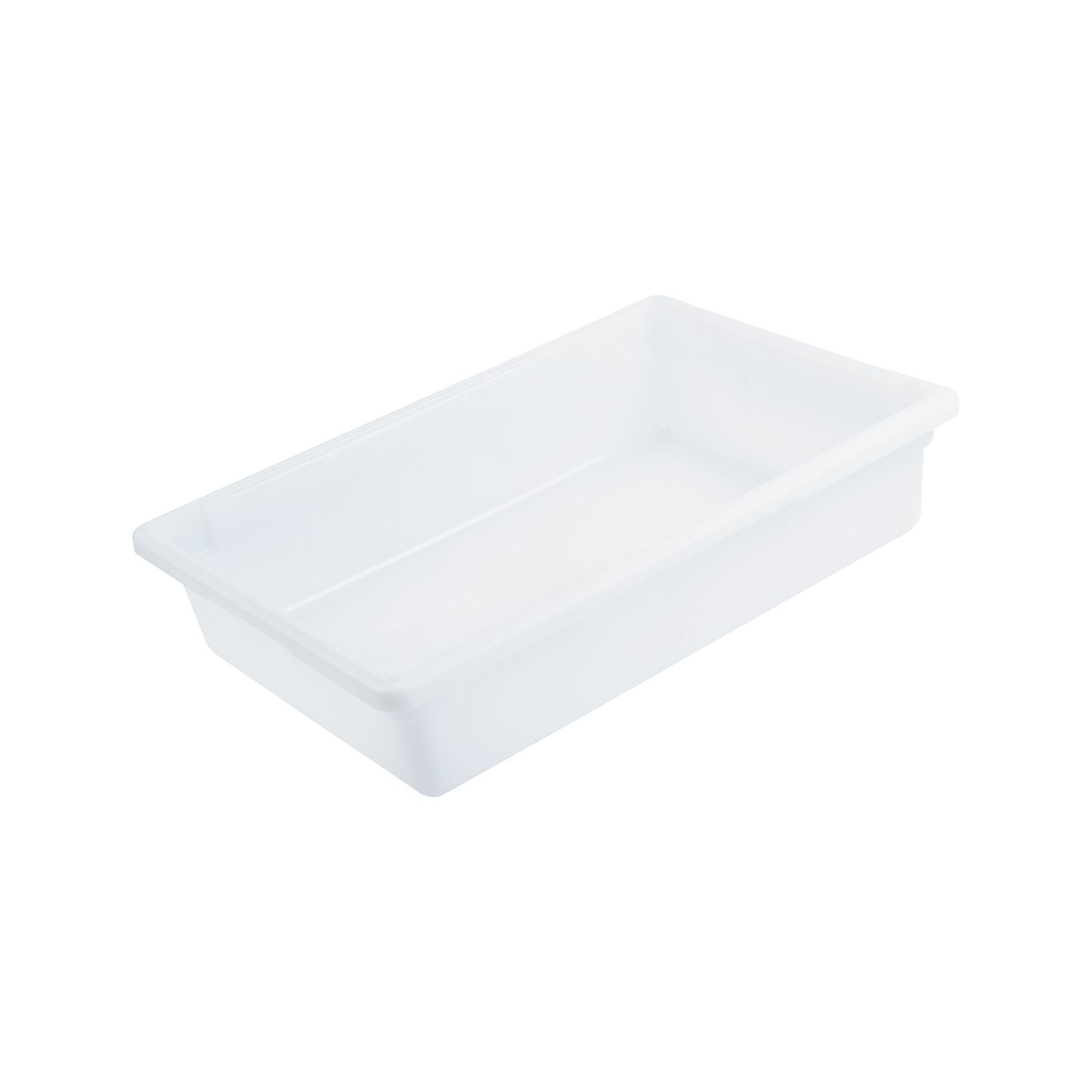 Full-size white food storage box 26x18x6 inches, made of BPA-free polypropylene, stackable, durable, stain-resistant, dishwasher and freezer safe, packed 6 per pack for commercial kitchen use.