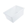 Full-size white food storage box measuring 26x18x12 inches, made of BPA-free polypropylene, stackable, durable, freezer and dishwasher safe, packed 6 per pack for commercial kitchen use.