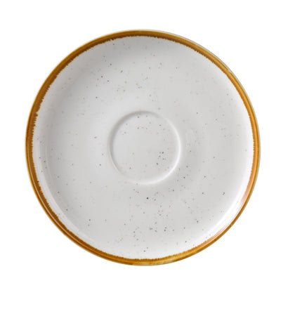 This Saucer GL-002 offers a refined presentation for hot beverages. Crafted from high-quality porcelain, it features a smooth white surface with subtle speckles and a softly colored rim, echoing the collection's contemporary charm. Designed to pair perfectly with the matching Glory cup, this saucer adds a polished, coordinated touch to coffee and tea service.